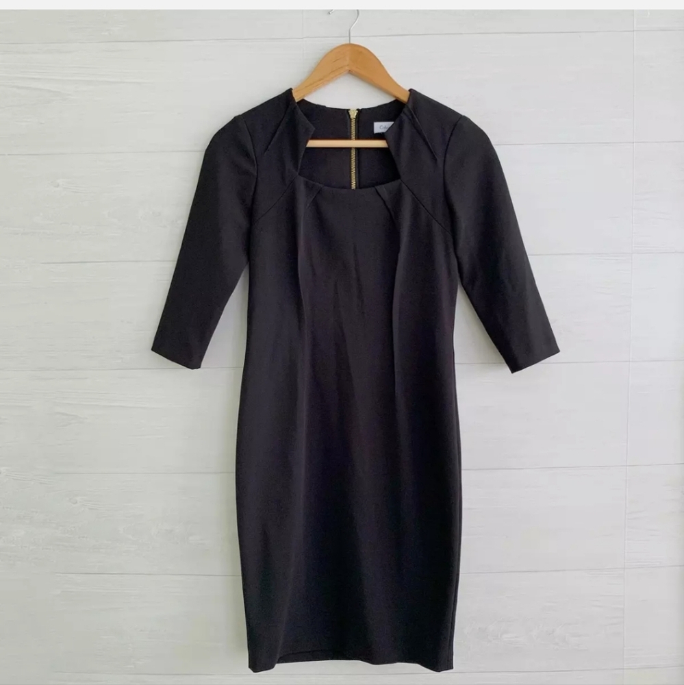 Beautiful Calvin Klein little black sheath dress, 8 petite, gold zip, 3/4 sleeve
